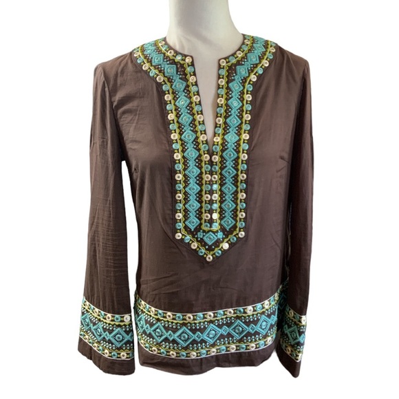 Tory Burch Embroidered long sleeve chocolate brown and teal V-neck tunic top 4 - Picture 1 of 15